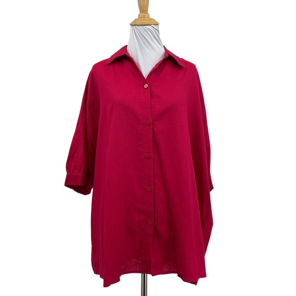 Max Studio Shirt Womens 1X Plus Fuchsia Oversized Button Up Classic Linen Blend